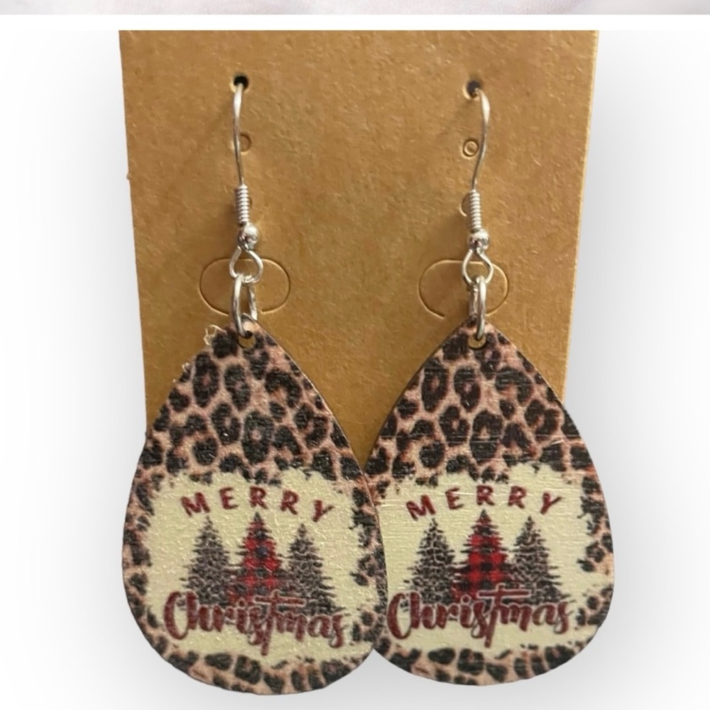 1/$8 or 3/$12 Merry Christmas Cheetah Print Christmas Tree Teardrop Earrings